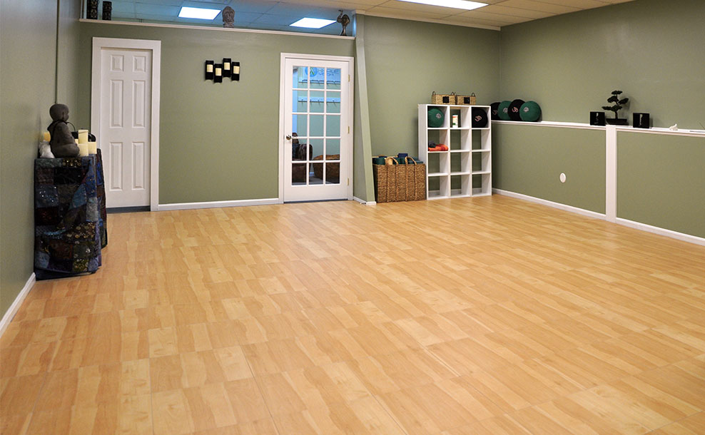 A basement yoga studio.