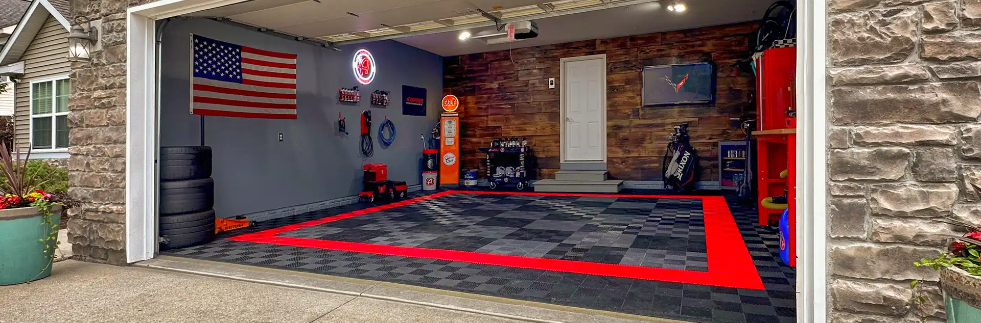 Garage floor tiles in a garage.