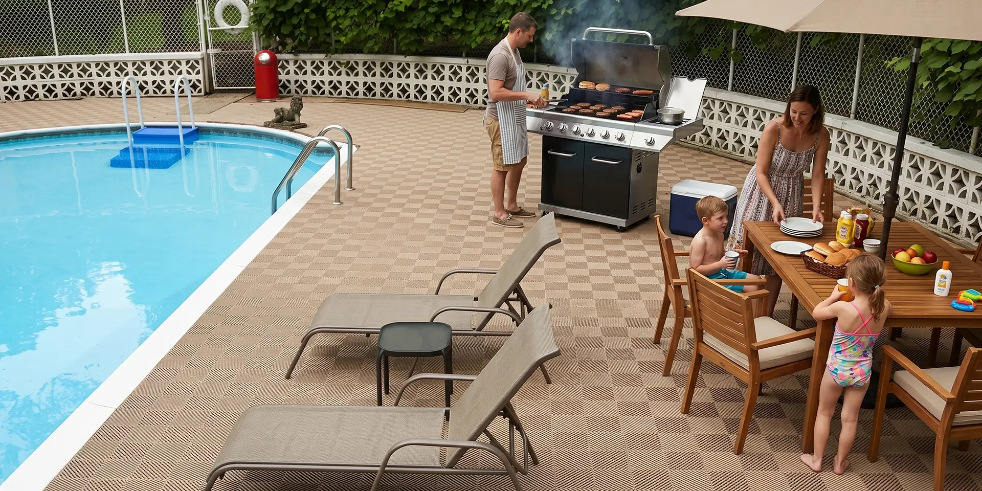 Family having a bbq next to their pool. The deck flooring is Duragrid Free-Flow in bage